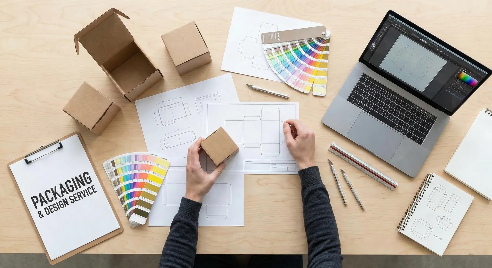 Packaging design consultation process with material samples, colour swatches, and design mockups